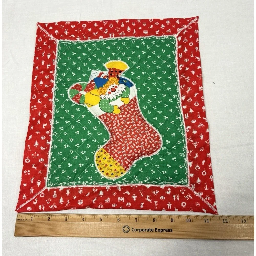 Vintage Handmade Quilted Christmas Wall Hanging‎ Stocking with Clown Appliqué